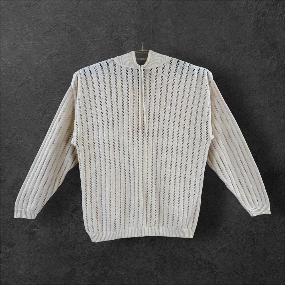 Vintage Eddie Bauer Women Ivory Pointelle Knit Cotton Hoodie Sweater USA Large